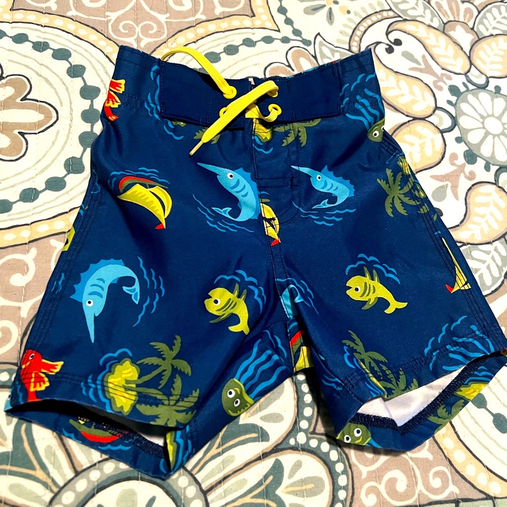 Gymboree swim trunks 6-12 mon boys swim suit shorts net fish shark print